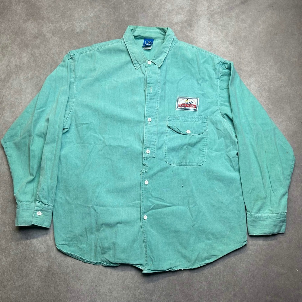 Vintage 80s Ocean Pacific Men XL Surf Button Down Shirt Seafoam Green Distressed